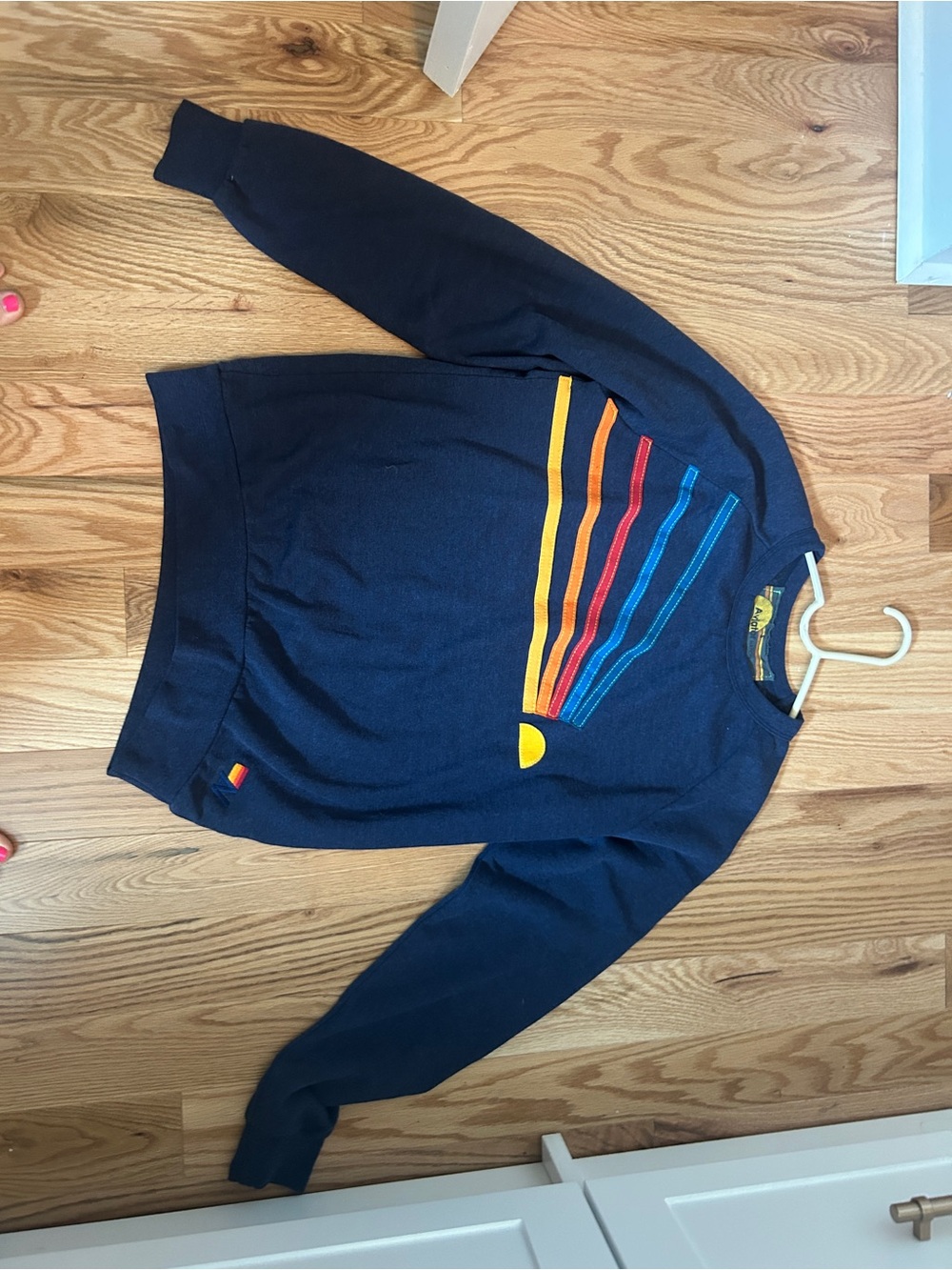 Aviator Nation Navy Crewneck Sweater with Rainbow Stripe Accent